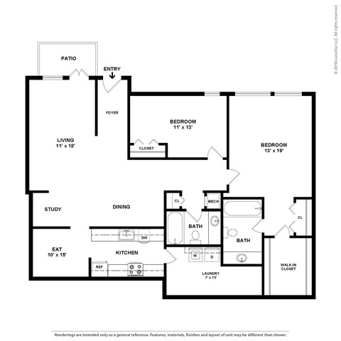 Floor plan for 2 beds, 2 baths, 1526 sqft